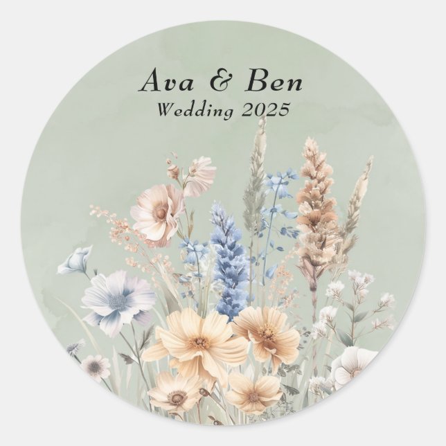 Sage Green Dusty Blue Wildflowers Wedding Classic Round Sticker (Front)
