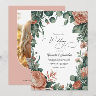 Sage Green & Dusty Peach Watercolor Floral Wedding Invitation