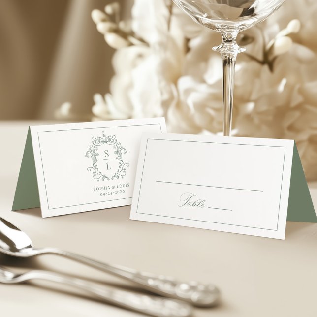 Sage Green Elegant Baroque Crest Monogram Wedding Place Card (Creator Uploaded)