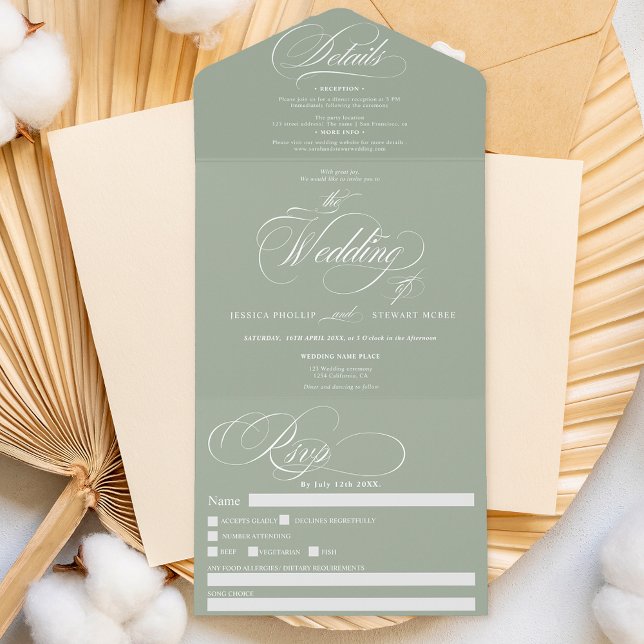 Sage green elegant calligraphy wedding all in one invitation (Creator Uploaded)