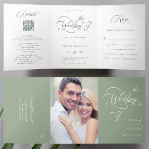 Sage Green Elegant Charm Script Wedding  Tri-Fold Invitation