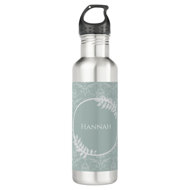 Sage Green Elegant Damask Personalized 710 Ml Water Bottle (Front)