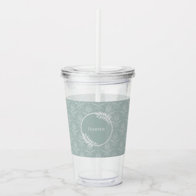 Sage Green Elegant Damask Personalized Acrylic Tumbler (Front)