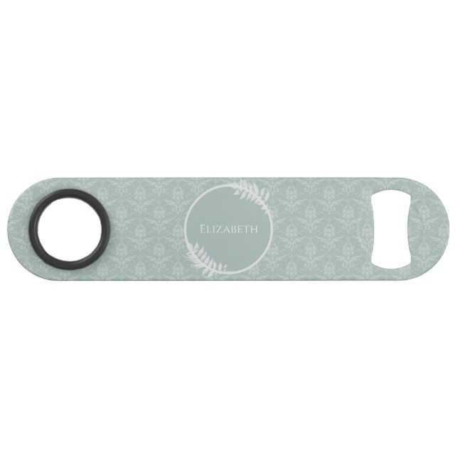 Sage Green Elegant Damask Personalized Bar Key (Front (Horizontal))