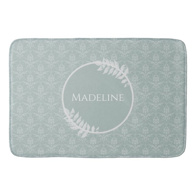 Sage Green Elegant Damask Personalized Bath Mat (Front)