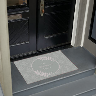 Sage Green Elegant Damask Personalized Doormat