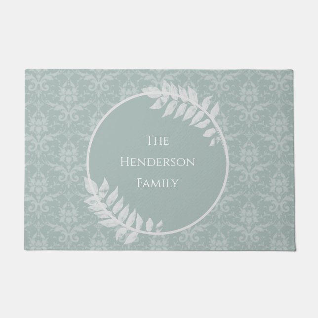 Sage Green Elegant Damask Personalized Doormat (Front)