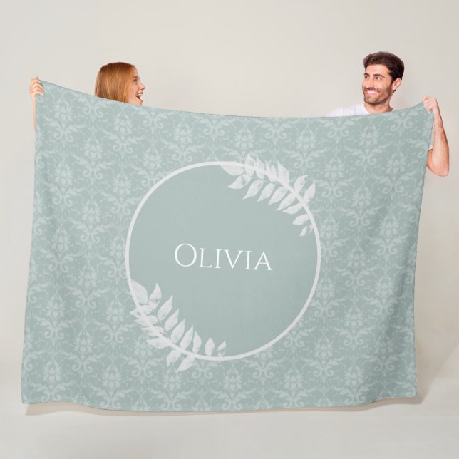 Sage Green Elegant Damask Personalized Fleece Blanket (In Situ)