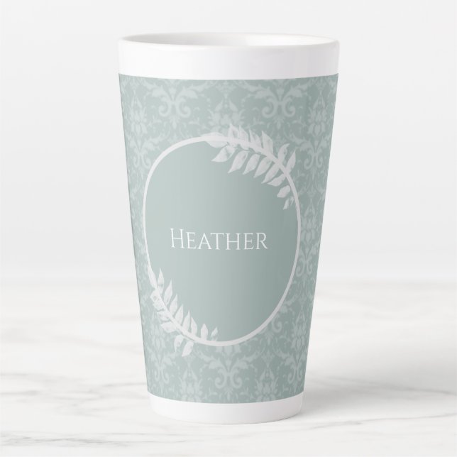 Sage Green Elegant Damask Personalized Latte Mug (Front)