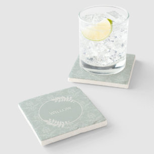 Sage Green Elegant Damask Personalized Stone Coaster