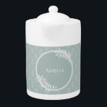 Sage Green Elegant Damask Teapot<br><div class="desc">Enjoy your tea with a Sage Green Elegant Damask Personalized Teapot. Teapot design features an elegant damask background and space to add your name adorned with delicate foliage. Additional gift items available with this design as well as a variety of colours.</div>