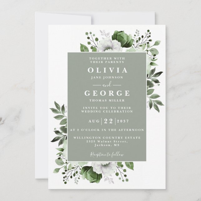Sage Green Elegant Floral All In One Wedding Invitation (Front)