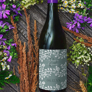 Sage Green Elegant Floral Art Personalized Wedding Wine Label