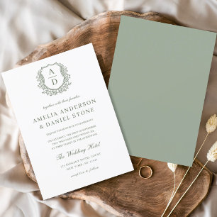 Sage Green Elegant Floral Crest Monogram Wedding  Invitation