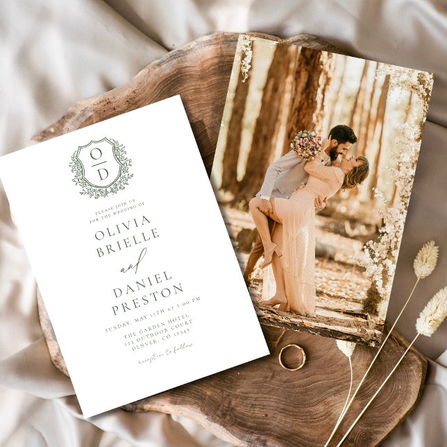 Sage Green Elegant Floral Crest Monogram Wedding  Invitation (Creator Uploaded)