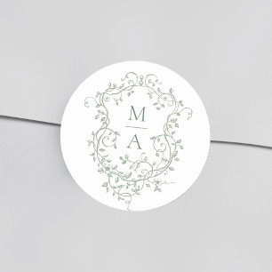 Sage Green Elegant Floral Crest Monograms Classic Round Sticker