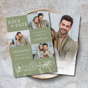 Sage Green Elegant Floral Four Photo Wedding Save The Date