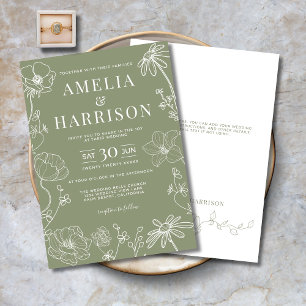 Sage Green Elegant Floral Line Art Wedding Invitation