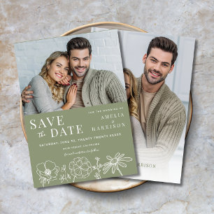 Sage Green Elegant Floral Two Photo Wedding Save The Date