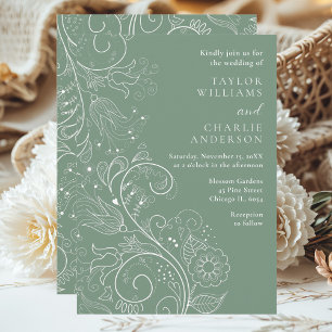 Sage Green Elegant Floral Wedding Invitation