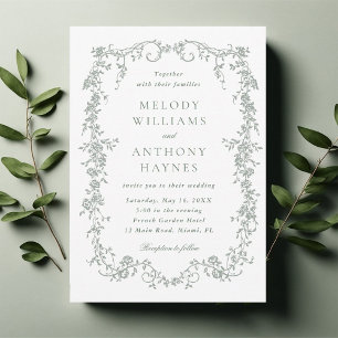 Sage Green Elegant French Floral Wedding  Invitation