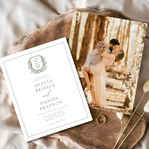 Sage Green Elegant Leafy Crest Monogram Wedding 