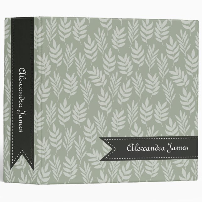 Sage Green Elegant Leaves Pattern With Name Binder (Front/Spine)