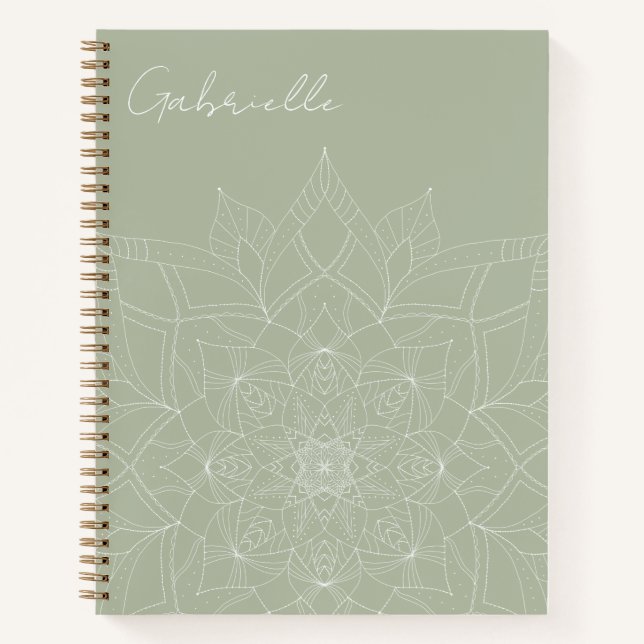 Sage Green Elegant Mandala Personalized Name Yoga Notebook (Front)