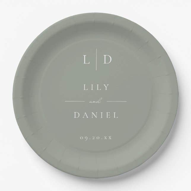 Sage Green Elegant Minimalist Monogram Wedding Paper Plate (Front)