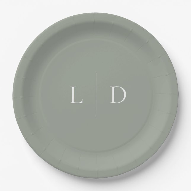 Sage Green Elegant Minimalist Monogram Wedding Paper Plate (Front)