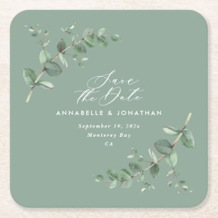 Sage green elegant modern eucalyptus save the date square paper coaster