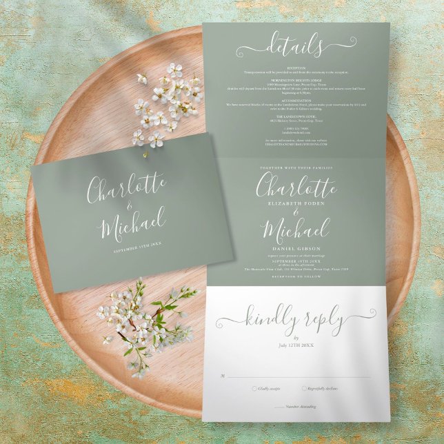 Sage Green Elegant Modern Script Photo Wedding Tri-Fold Invitation (Creator Uploaded)