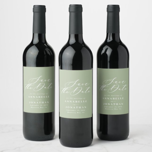 Sage green elegant modern wedding save the date wine label (Bottles)