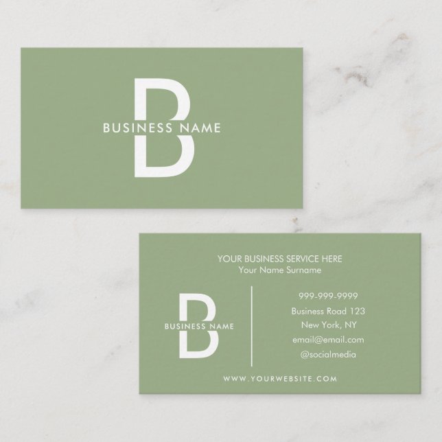 Sage Green Elegant Monogram Modern Professional  Business Card (Front/Back)