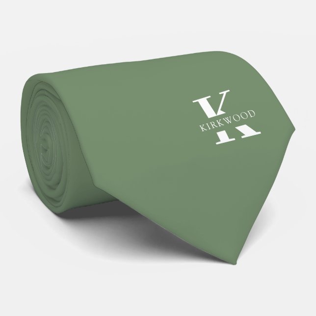 Sage Green Elegant Monogram + Name Tie (Rolled)