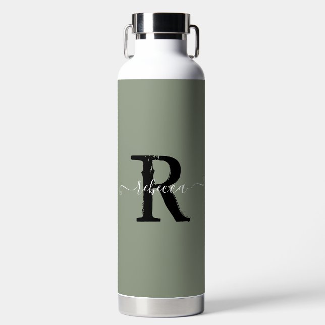 Sage Green Elegant Monogram Script Name Initial Water Bottle (Front)