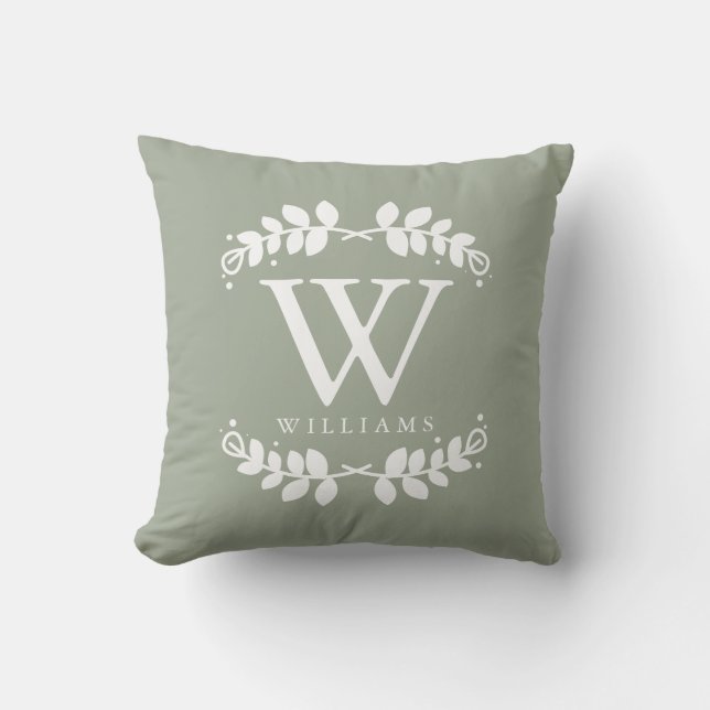 Sage Green Elegant Monogram Throw Pillow (Front)
