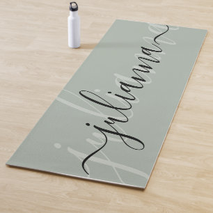 Sage Green Elegant Name Script Minimalist Custom Yoga Mat
