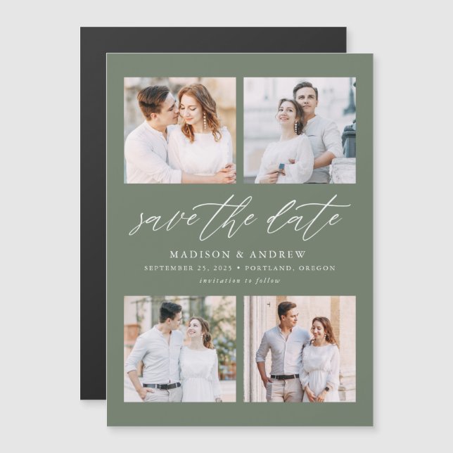 Sage Green Elegant Script 4 Photo Save The Date Magnetic Invitation (Front/Back)