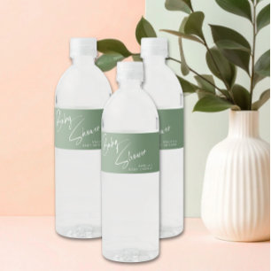 Sage Green Elegant Script Baby Shower Water Bottle Label