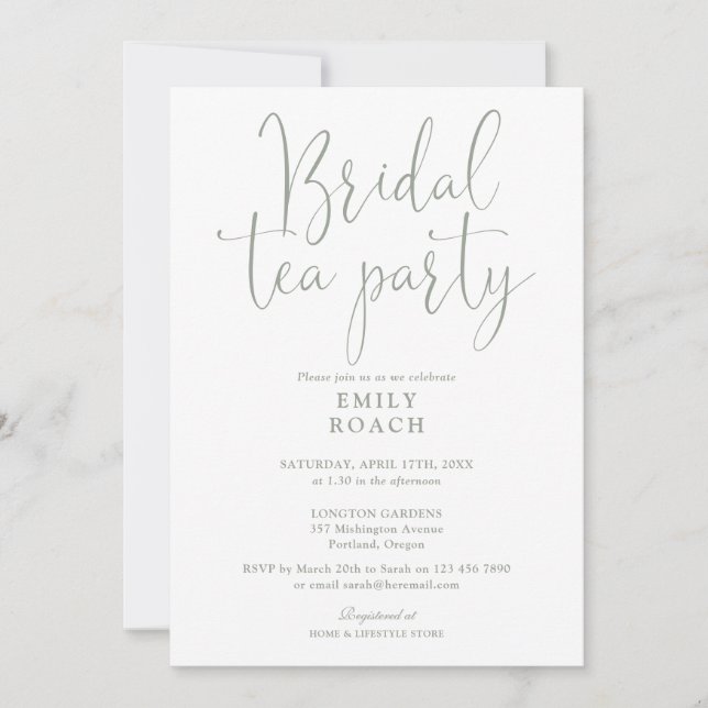 Sage Green Elegant Script Bridal Tea Party Shower Invitation (Front)