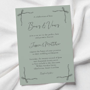 Sage Green Elegant Script Coquette Bow Wedding Invitation