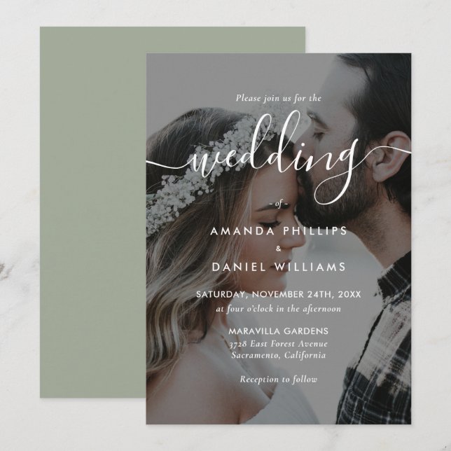 Sage Green Elegant Script Photo Wedding Invitation (Front/Back)