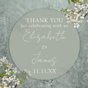 Sage Green Elegant Script Wedding Thank You Classic Round Sticker