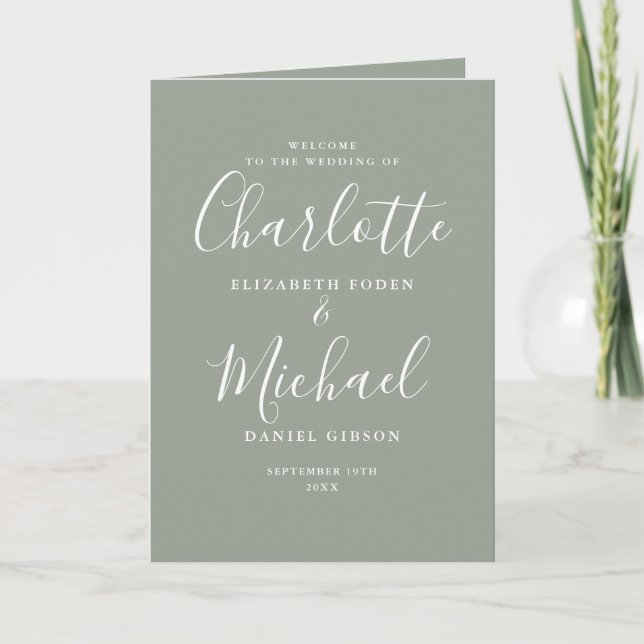 Sage Green Elegant Signature Script Wedding  Program (Front)