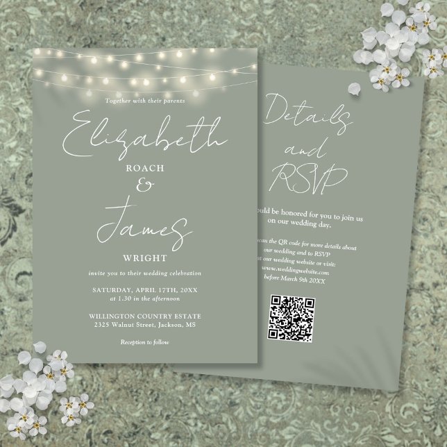 Sage Green Elegant String Lights QR Code Wedding Invitation (Sage Green Elegant String Lights QR Code Wedding Invitation)