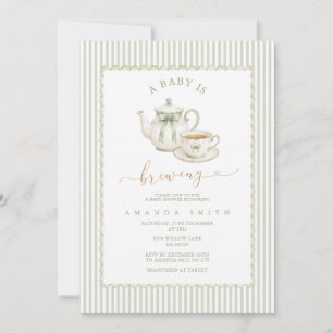 Sage Green Elegant Striped Tea Party Baby Shower Invitation