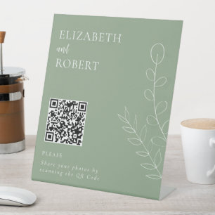Sage Green Elegant Wedding Photo Share QR Code Pedestal Sign
