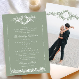sage green elegant wreath etch frame photo wedding invitation