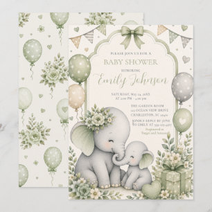 Sage Green Elephant Baby Shower Invitation